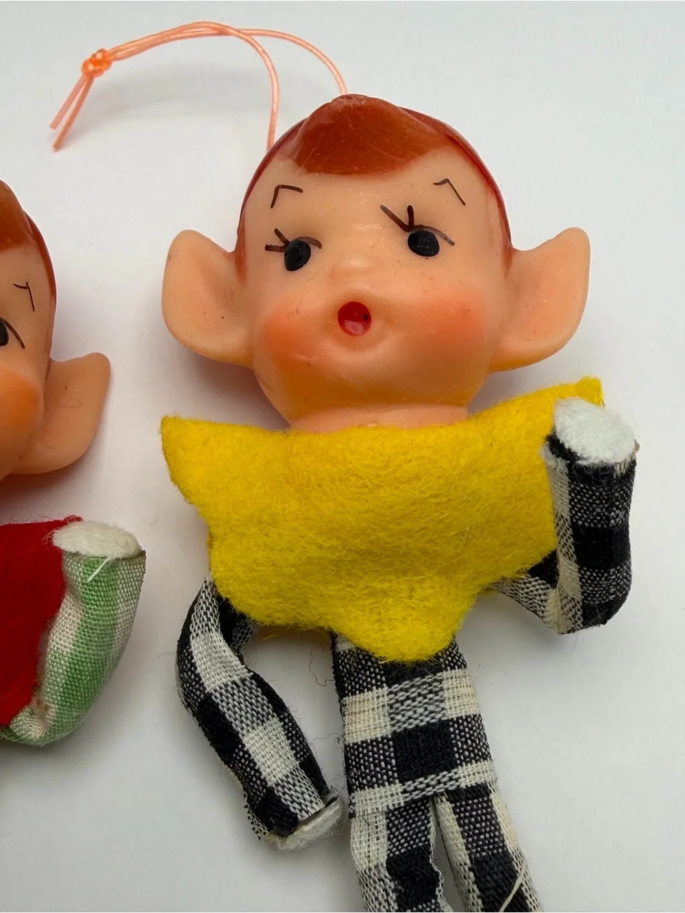 1960s, MCM, Pixie Elf Christmas Ornaments, Checkered Outfits, Japan, 4.25” Tall